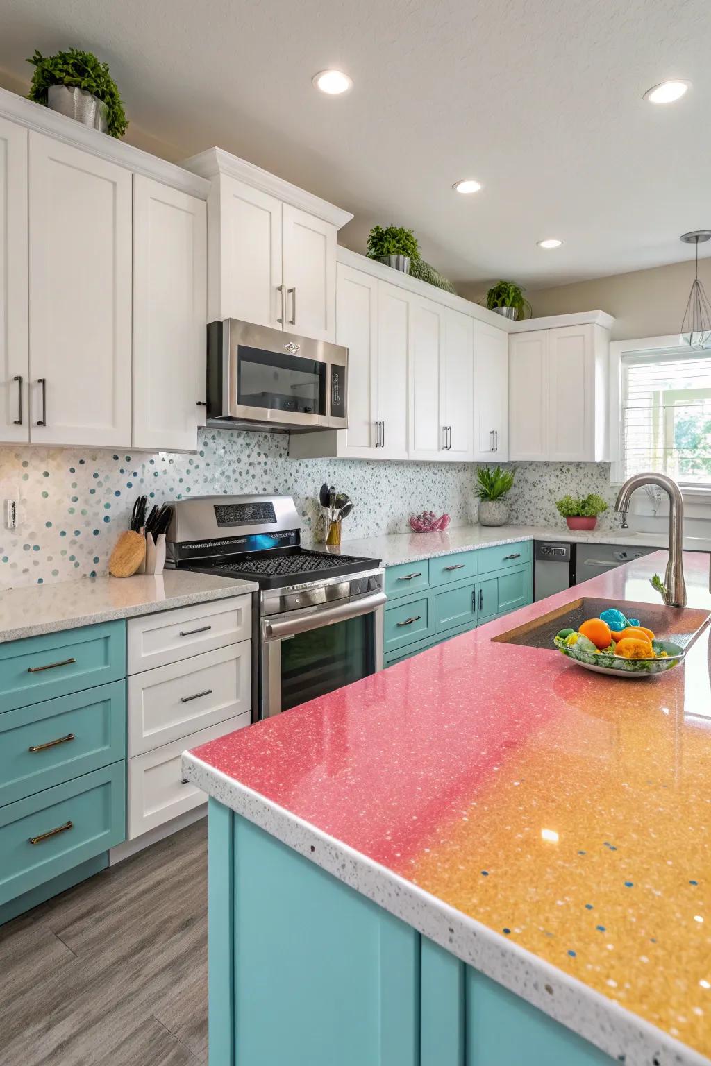 Colored quartz countertops adding a pop of personality.