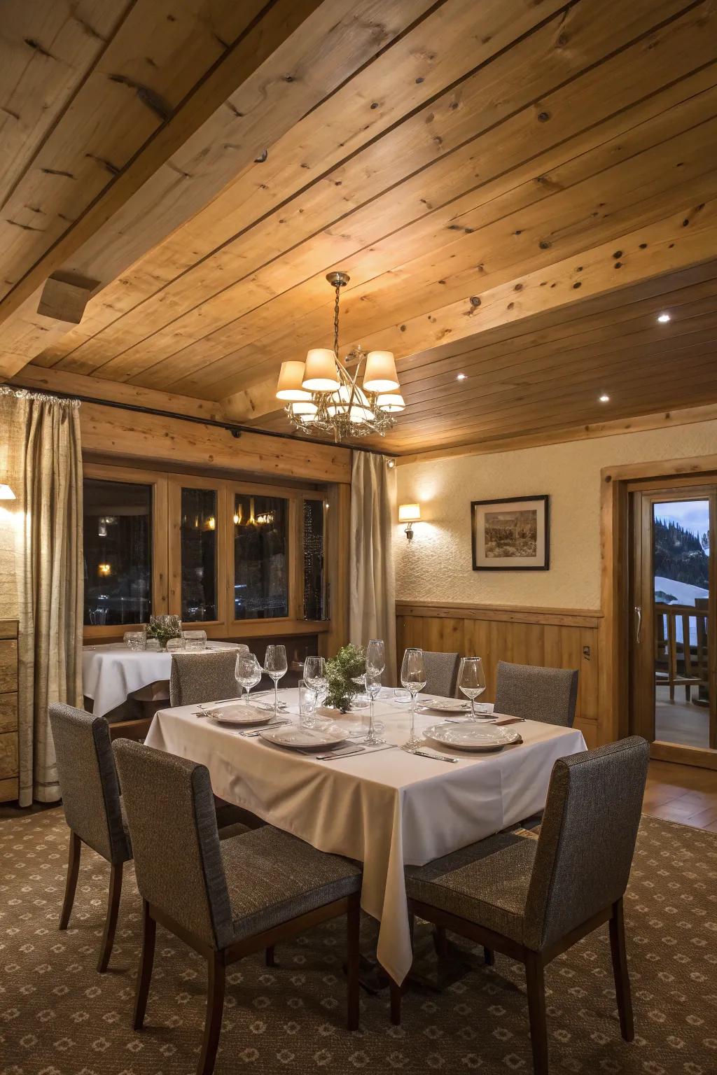 A dining space where pine planked ceilings enhance the dining experience.