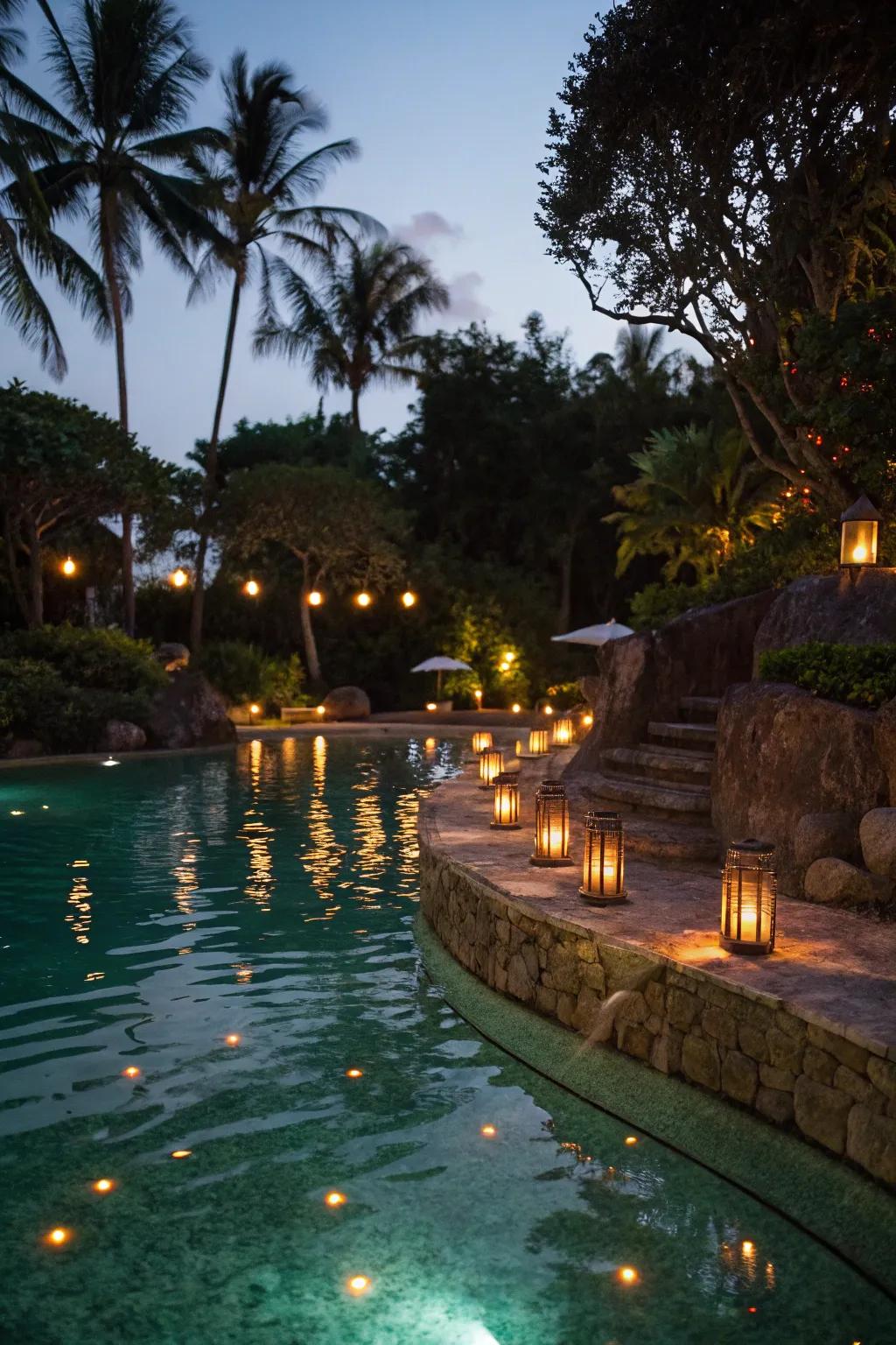 Soft lighting transforms lagoon pools into enchanting nightscapes.