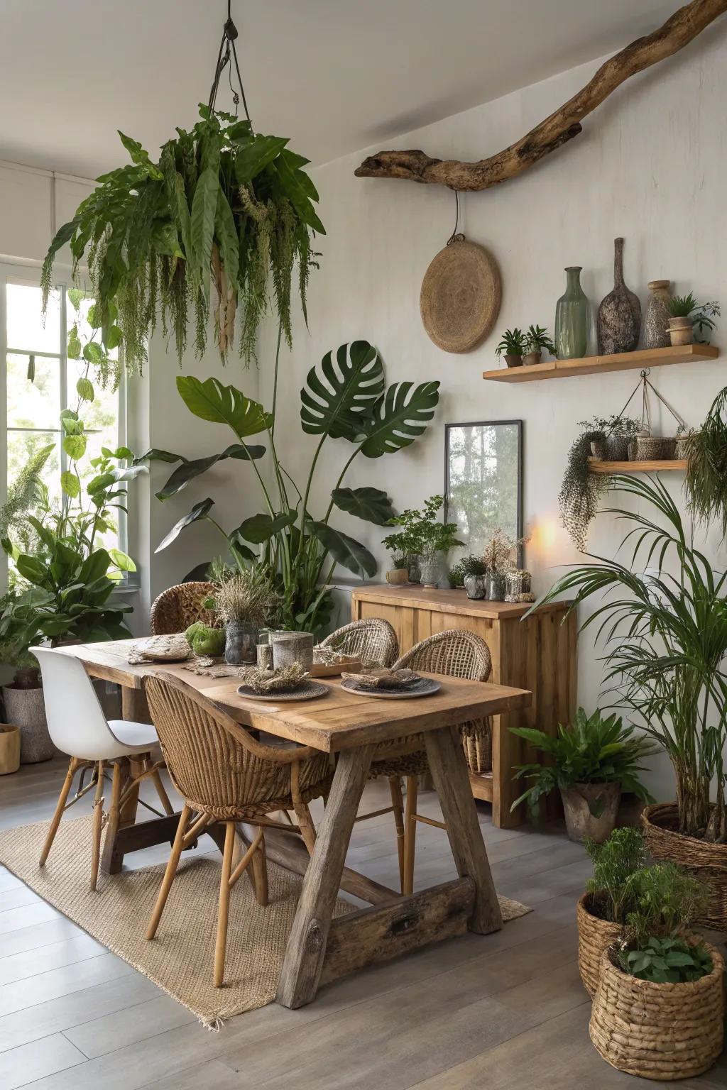 Nature embellishments infuse vitality and uniqueness into the dining space.