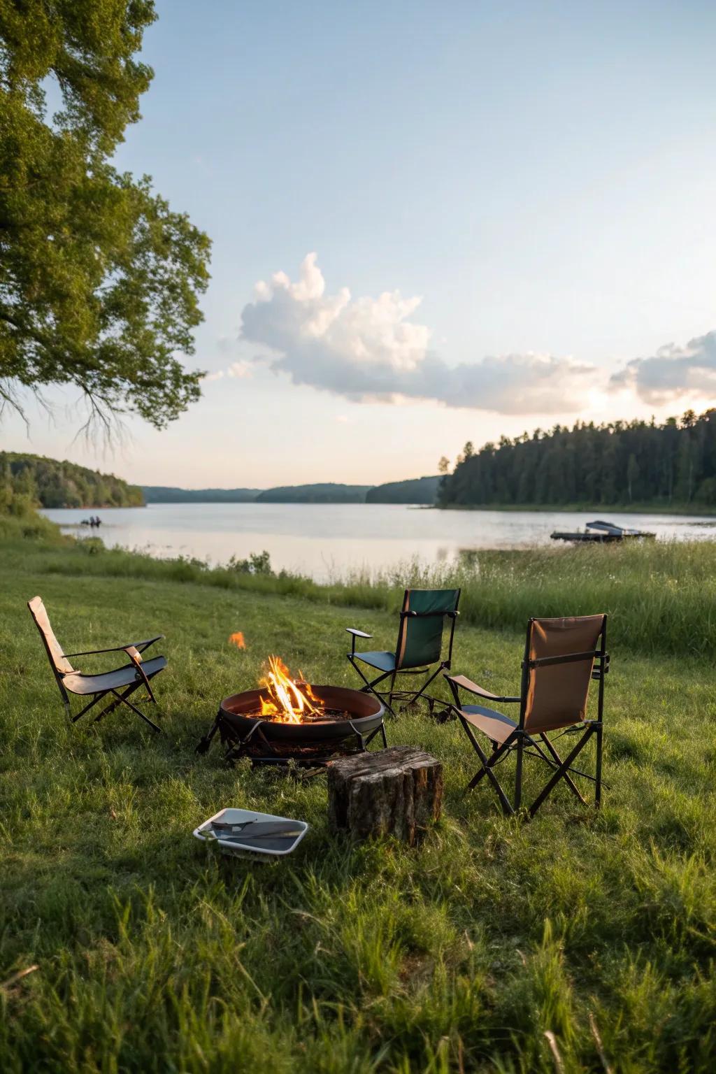 A portable fire pit is easy to move and use for any get-together by the lake.