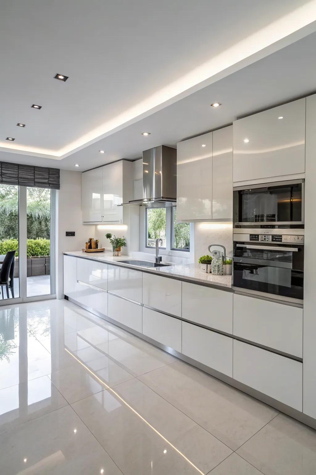Lustrous synthetic stone finishes fashion a radiant and glamorous kitchen space.