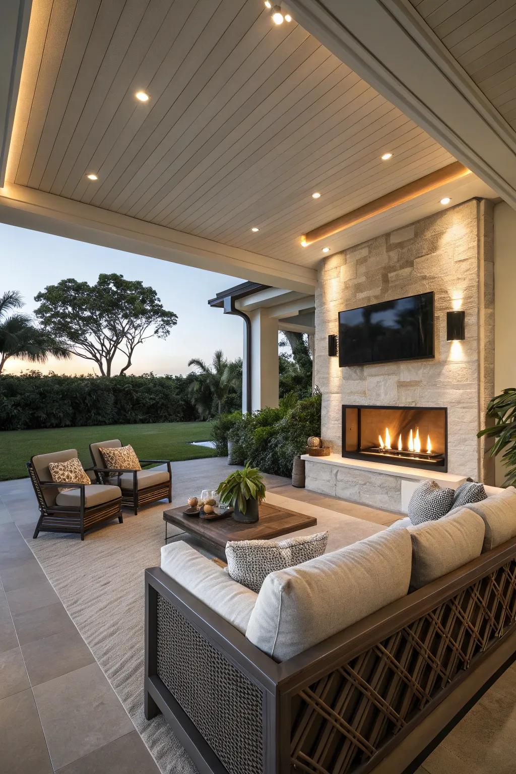 A hearth warms up this lanai, rendering it ideal for cool evenings.