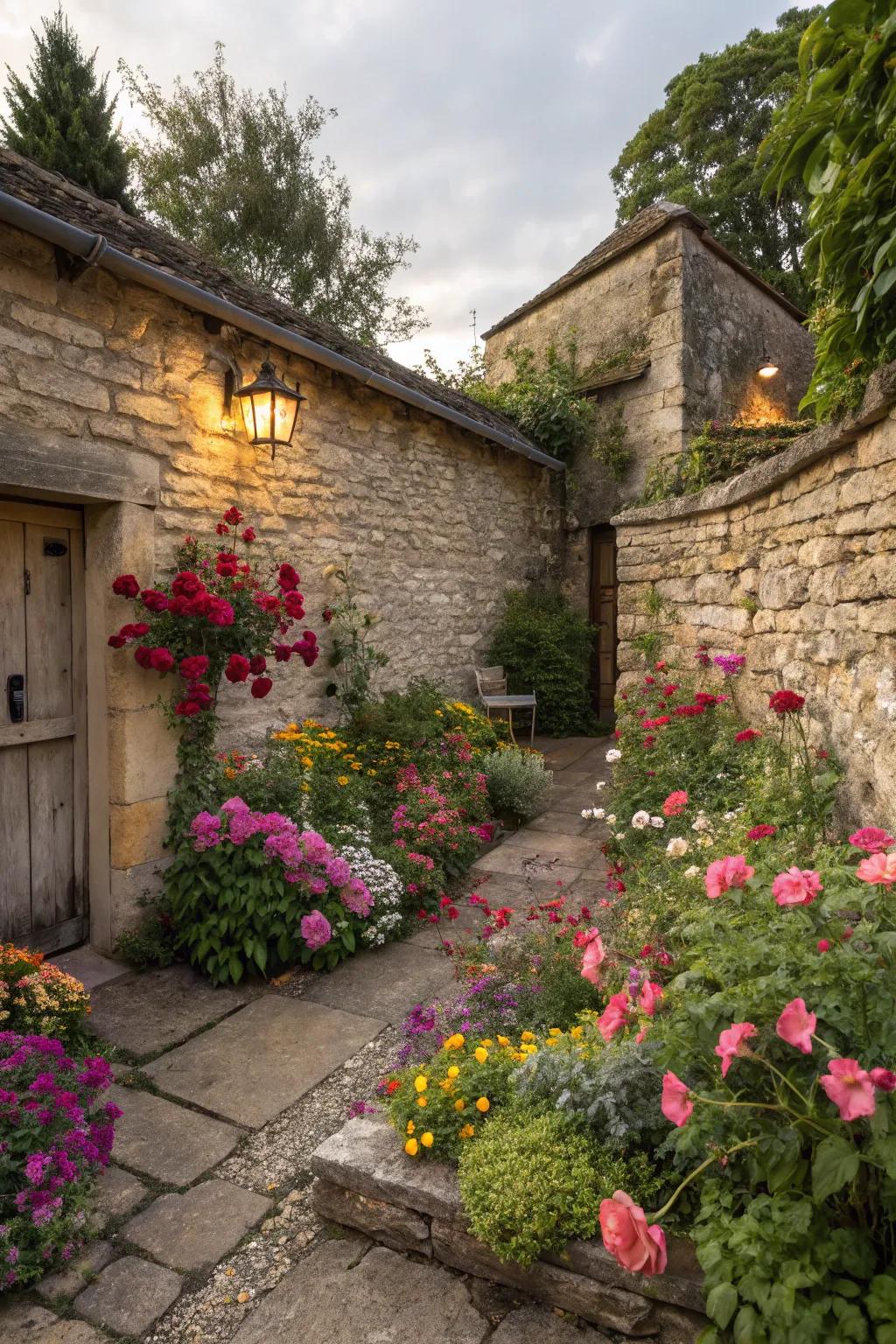 A stone wall provides a rustic backdrop for vibrant flowers.