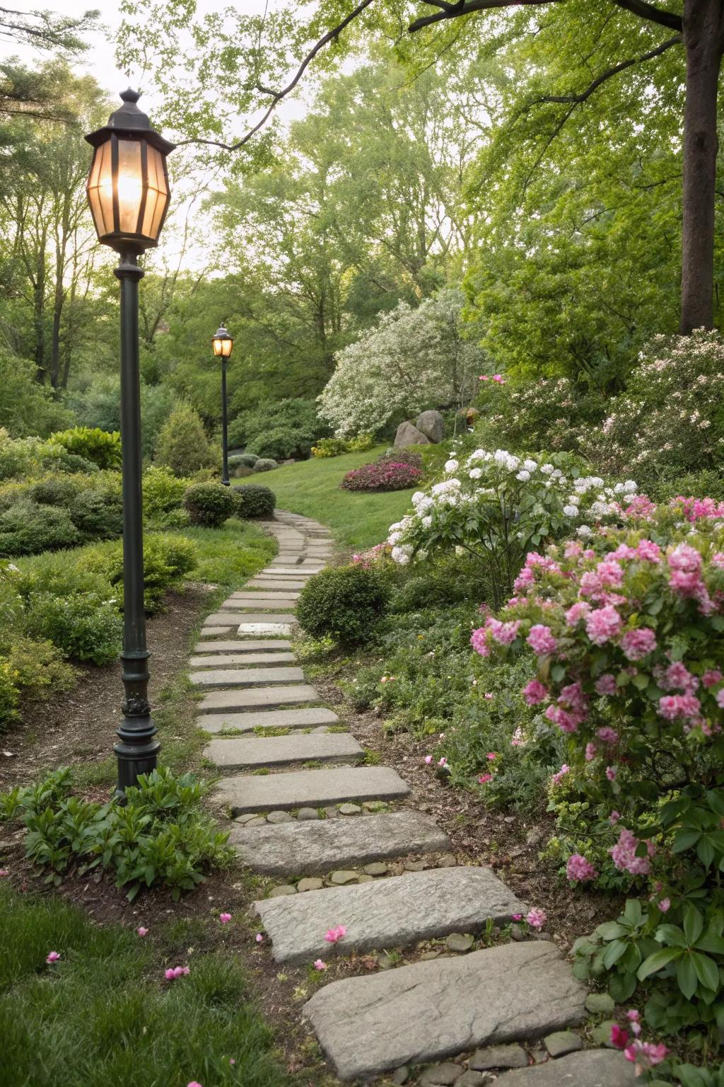 An enchanting path that directs to a garden standing light.