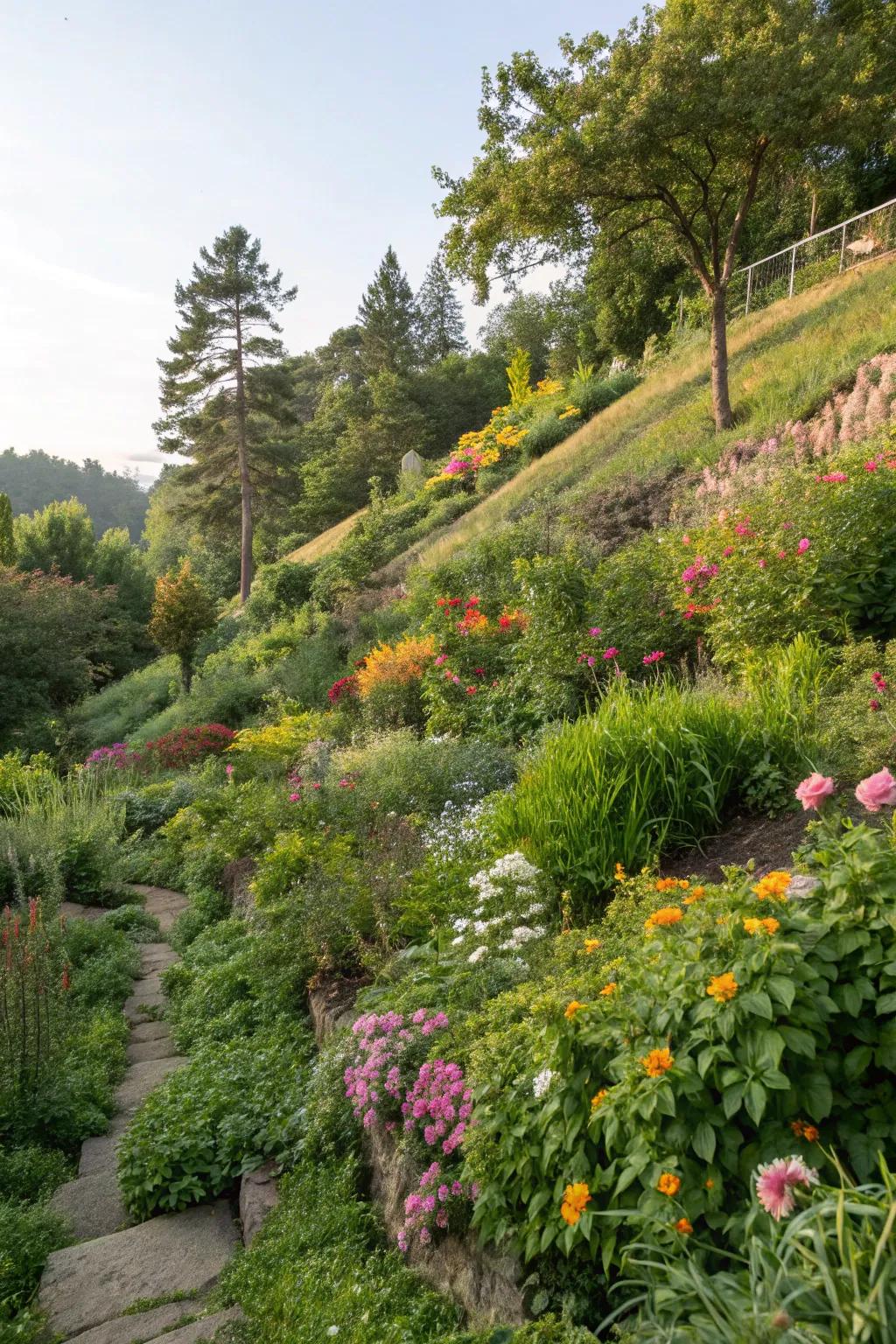Abundant plantings infuse vibrancy and texture into inclined gardens.
