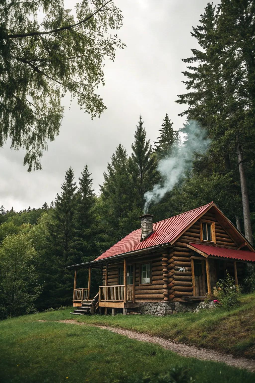 A charming log cabin nestled deep in the forest.