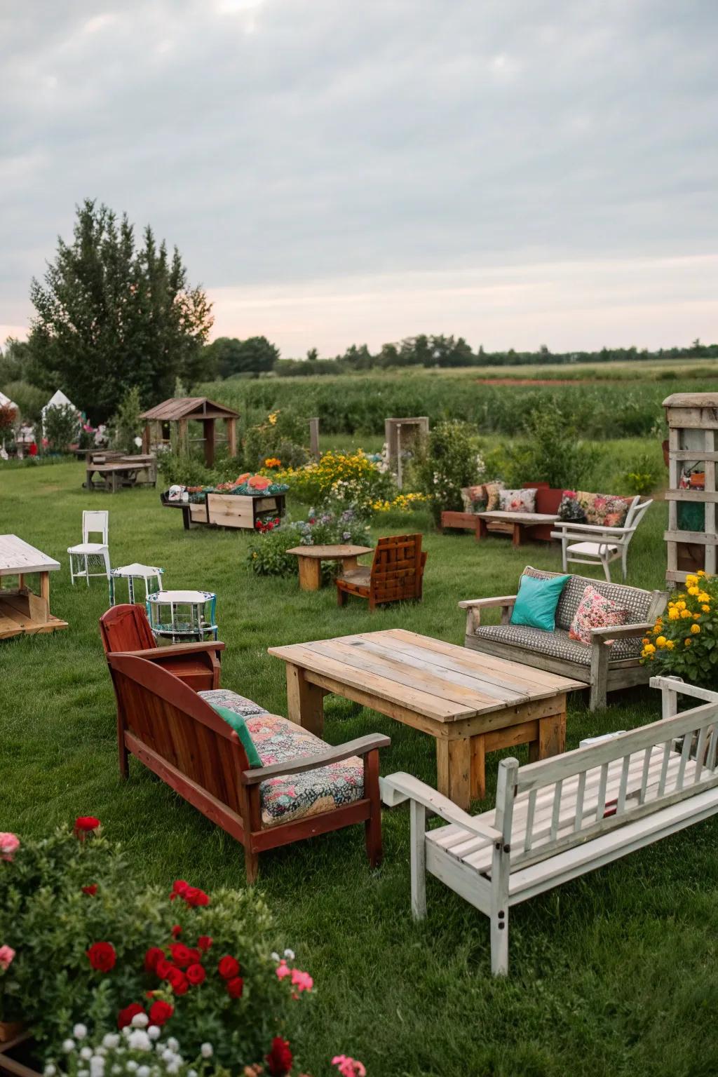Repurposed furnishings can inject unmatched charm into your outdoor setting.