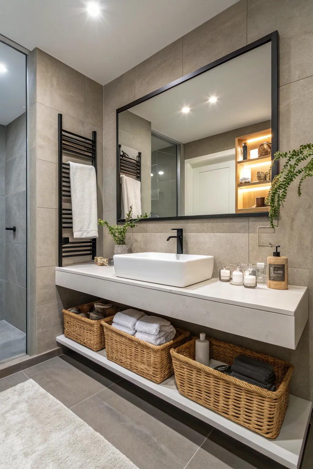 Suspended platforms below mirrors deliver both flair and purpose.