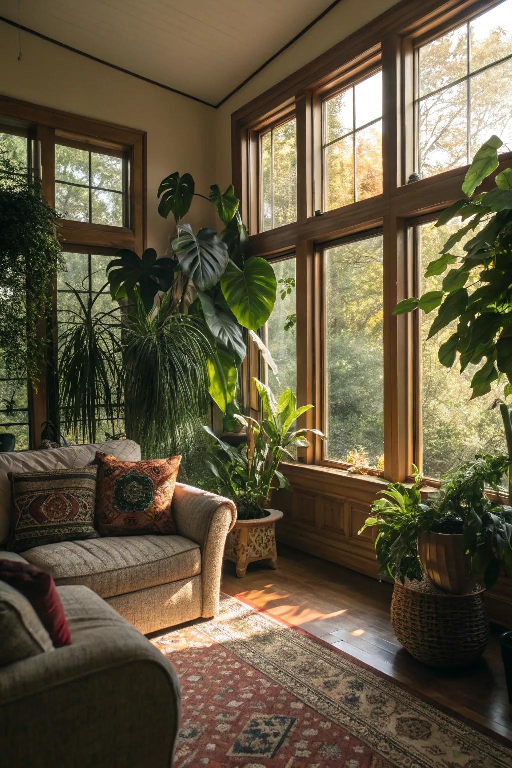 Indoor verdure that enriches and supplements the inherent scenery located externally.