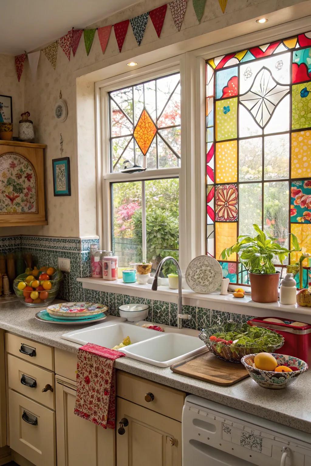 Eclectic charm with stained glass accents.