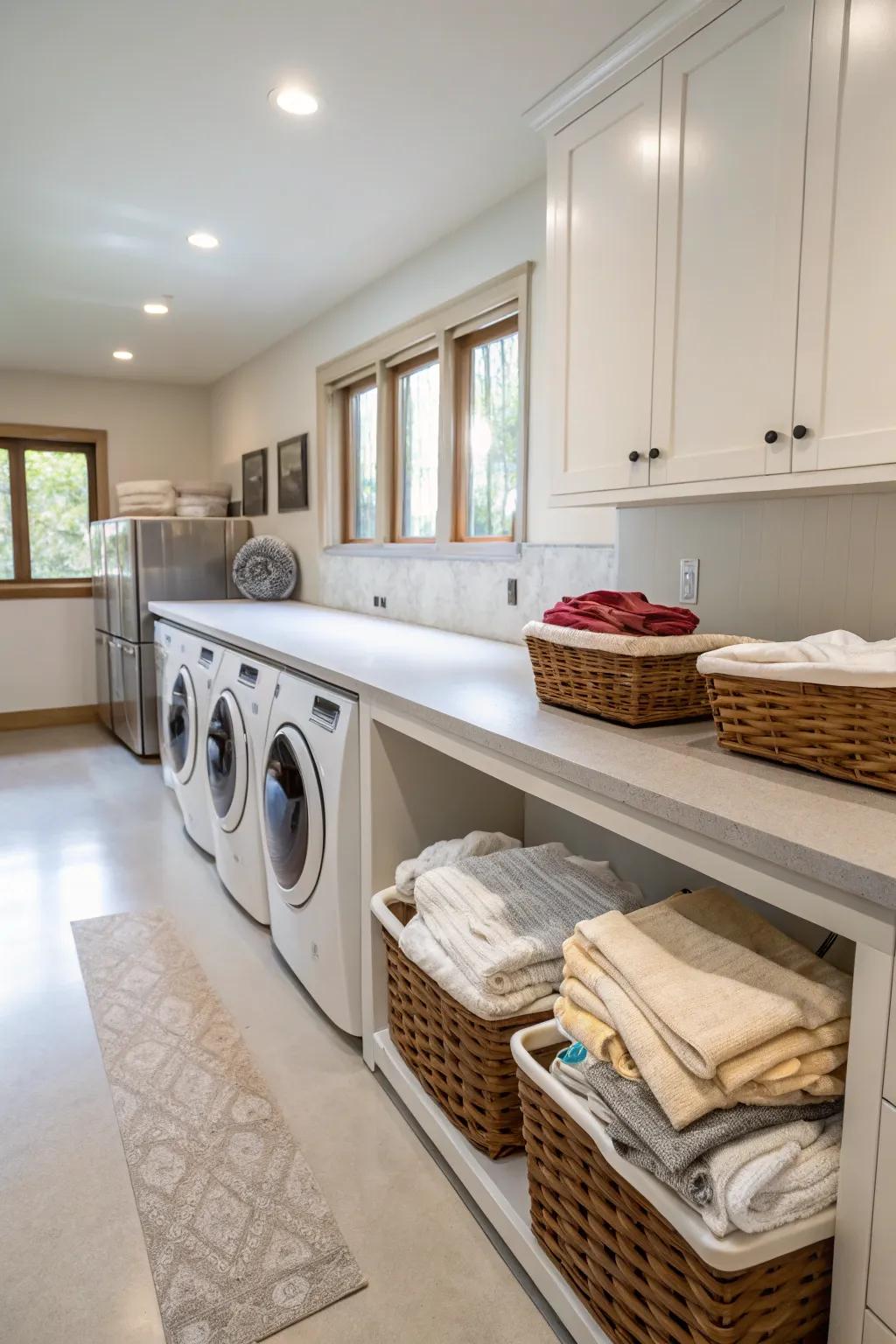 Ample countertop space designed for folding and organizing in the laundry room.