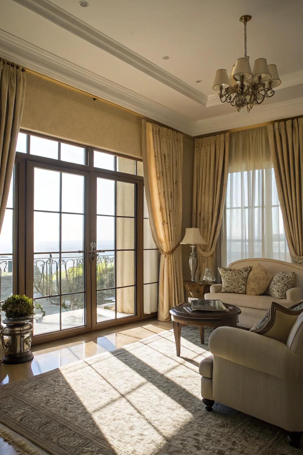 Gliding textiles adeptly modulating luminescence and privacy in a radiant dwelling area.