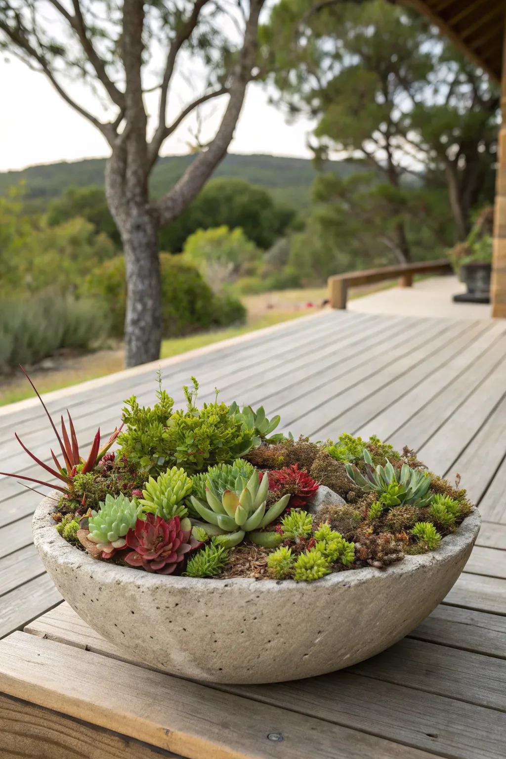 A stone bowl acting as a peaceful succulent garden.