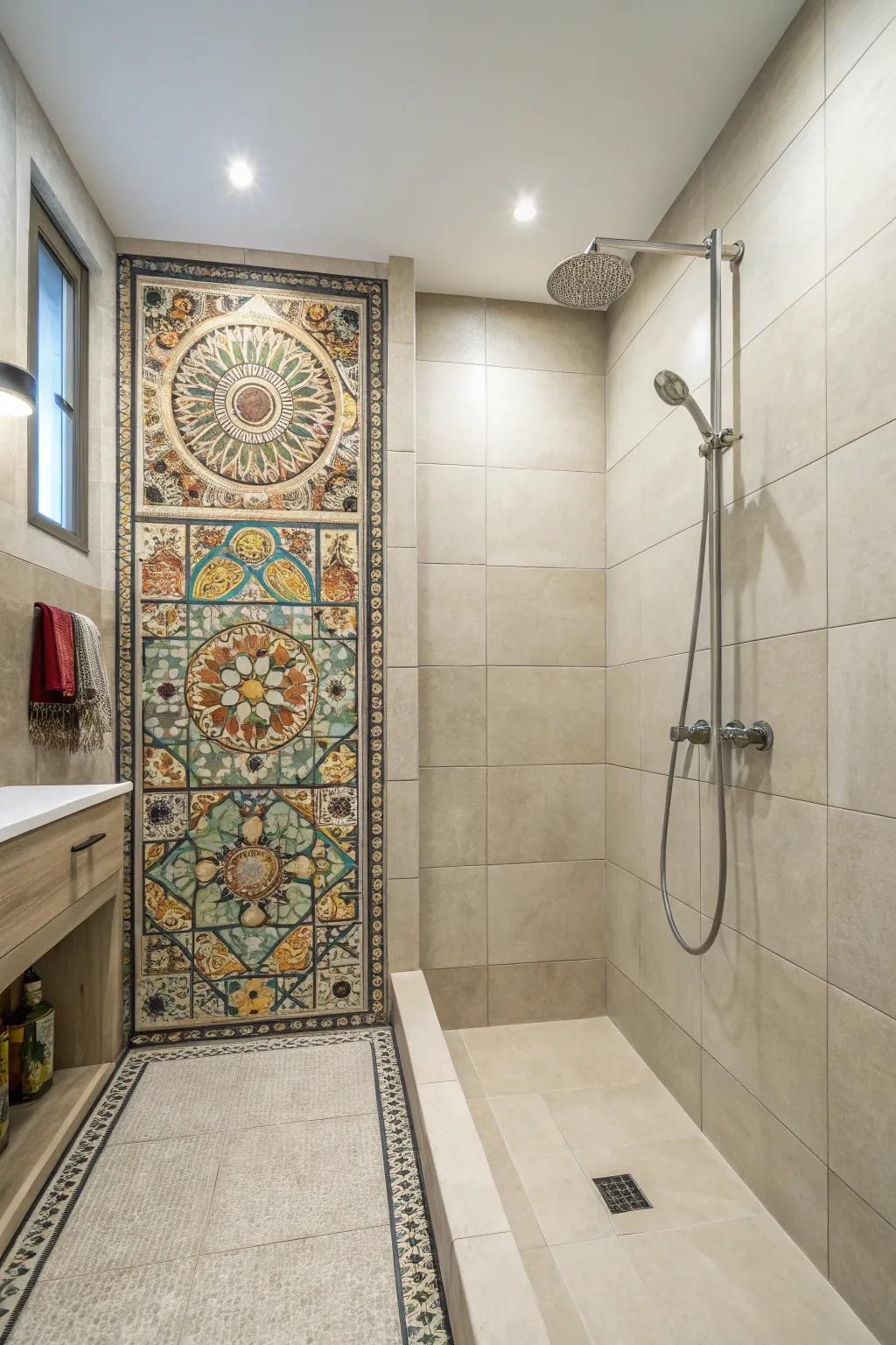 Ornamental touches inject intrigue and flair into a large tile shower.