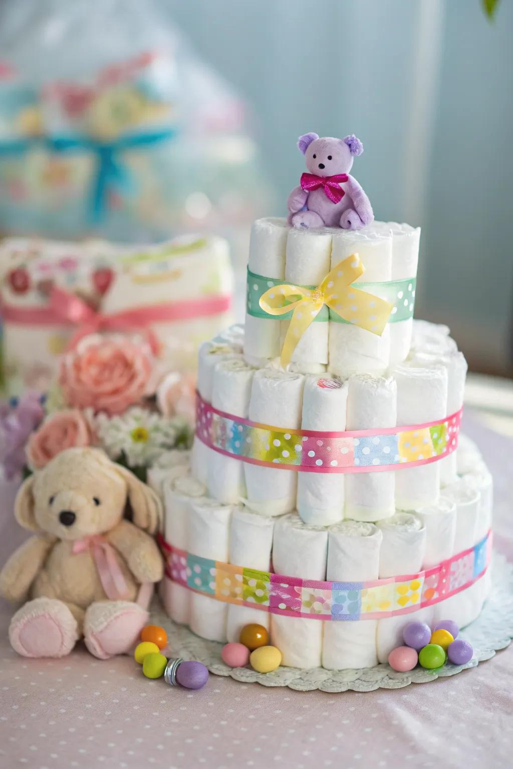 A decorative and practical diaper cake stands out as a stunning centerpiece.