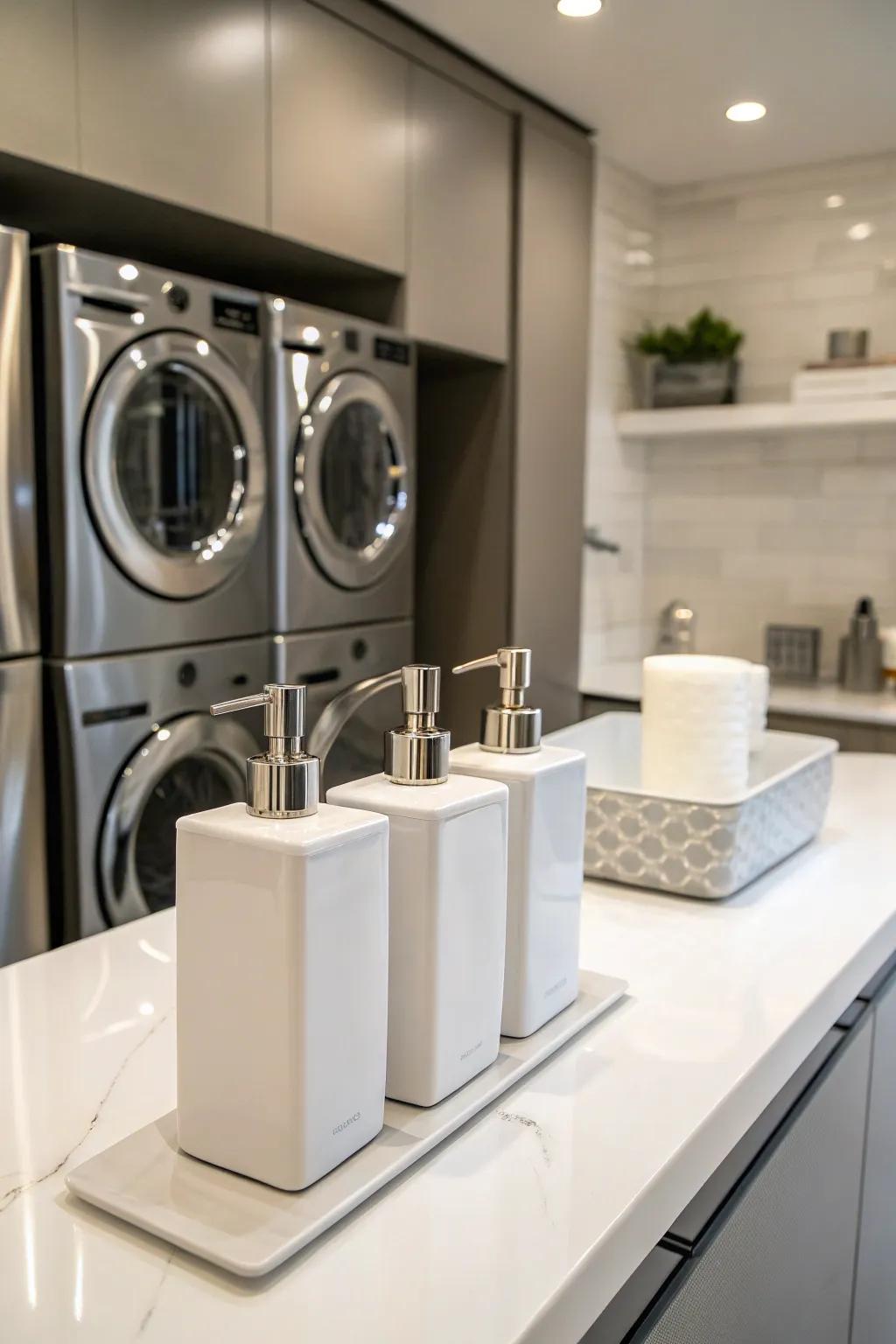 Simple dispensers harmonize with modern washing spaces.