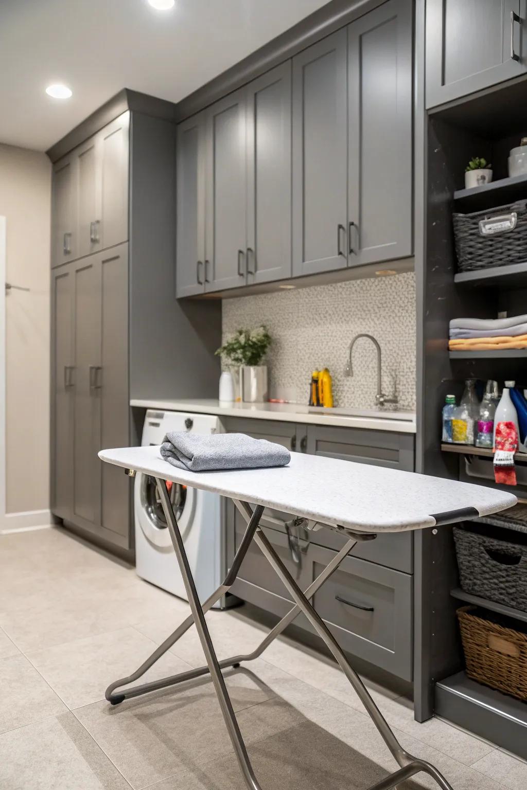 An integrated folding table merges with the cabinetry for a clean design.