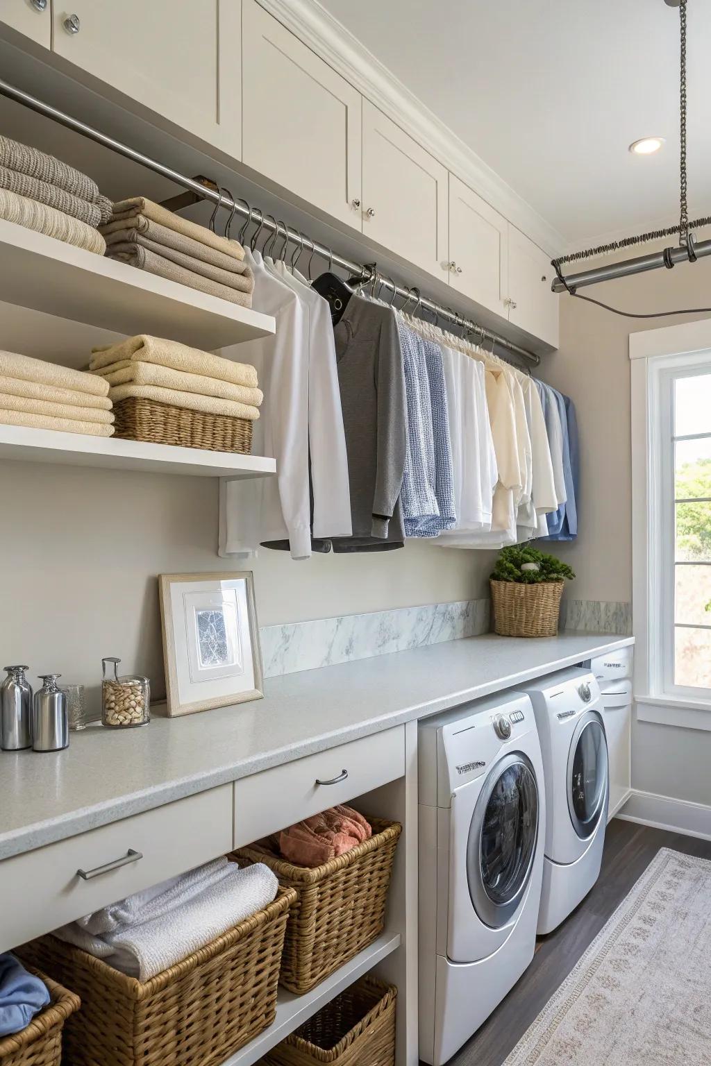 Practical hanging racks integrated with laundry room countertops.