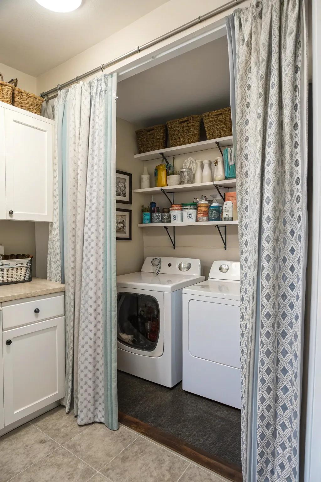 Drapes can be a practical solution for partitioning space in your laundry zone.
