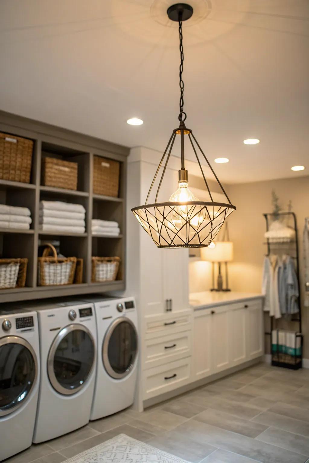 A stylish pendant light boosts the style of the laundry room.