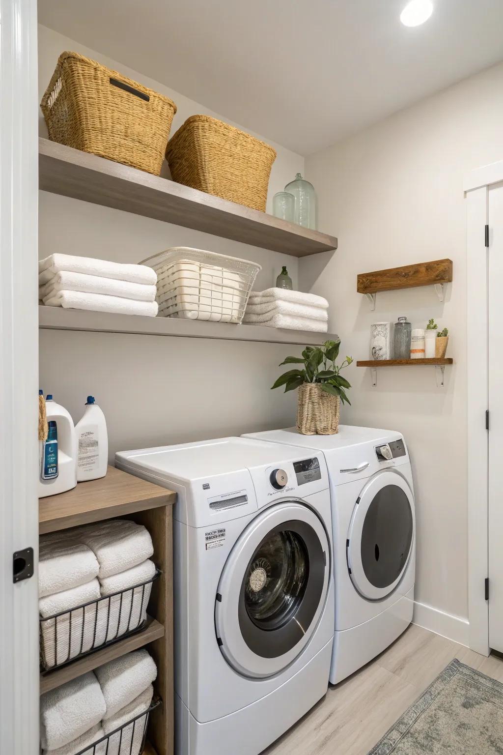 Shelving that is simple makes for a clean and spacious laundry room.