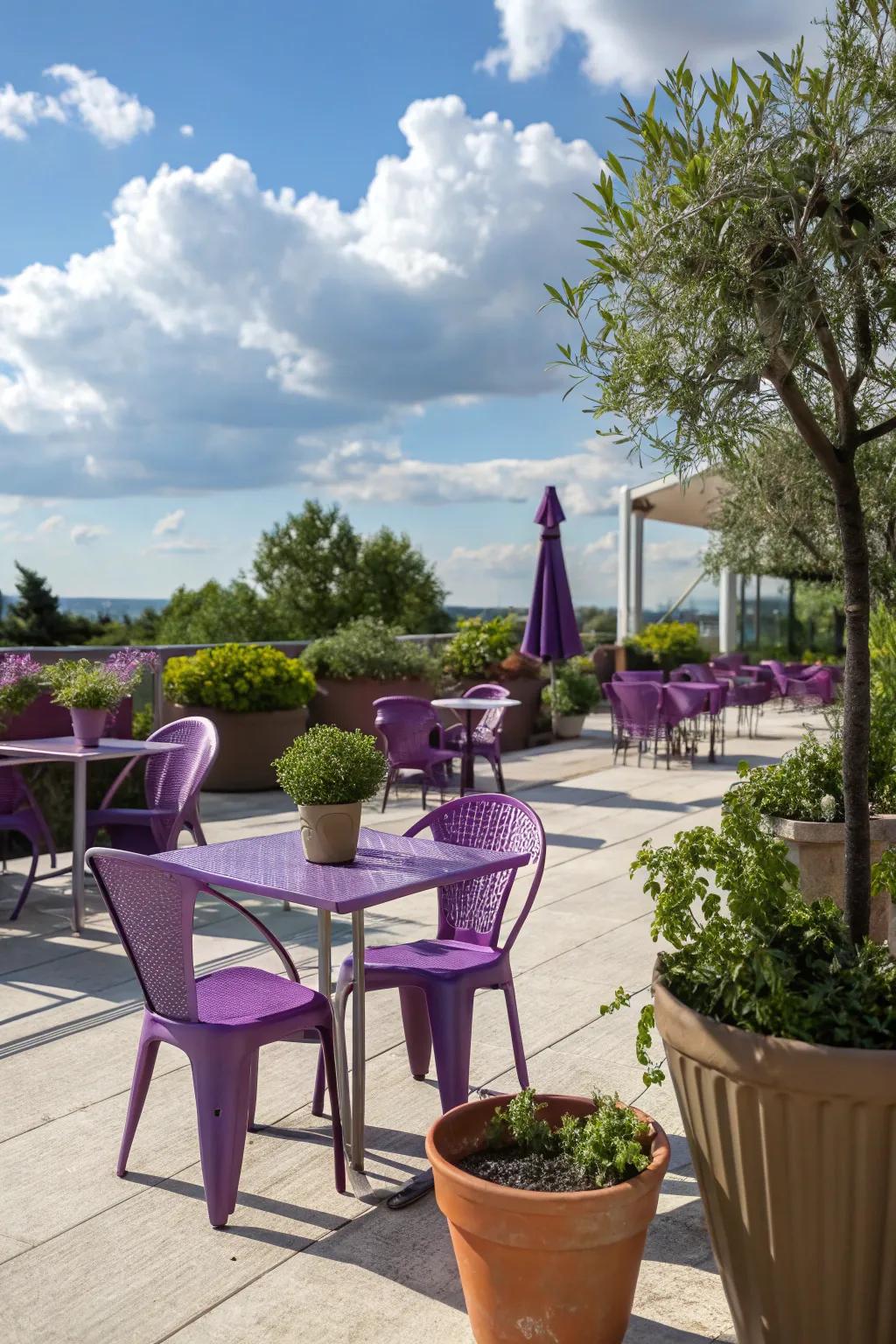 A sophisticated patio featuring purple furniture and cheerful potted plants.