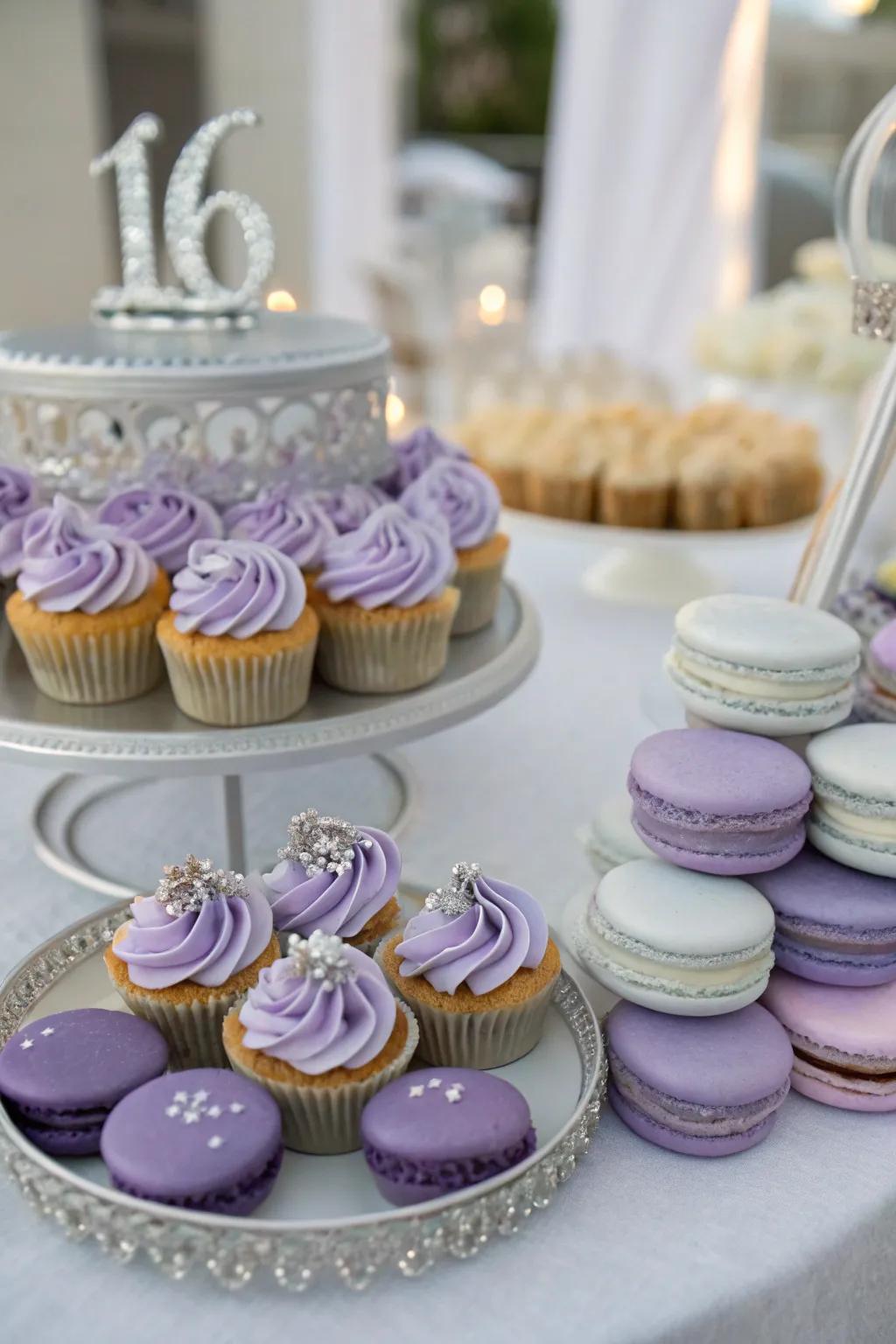 A tempting dessert display that perfectly complements the party's color palette.