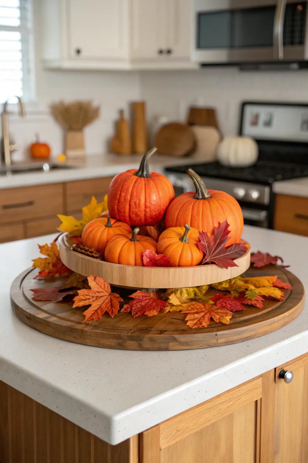 A rotating organizer decorated with charming fall-inspired design elements.