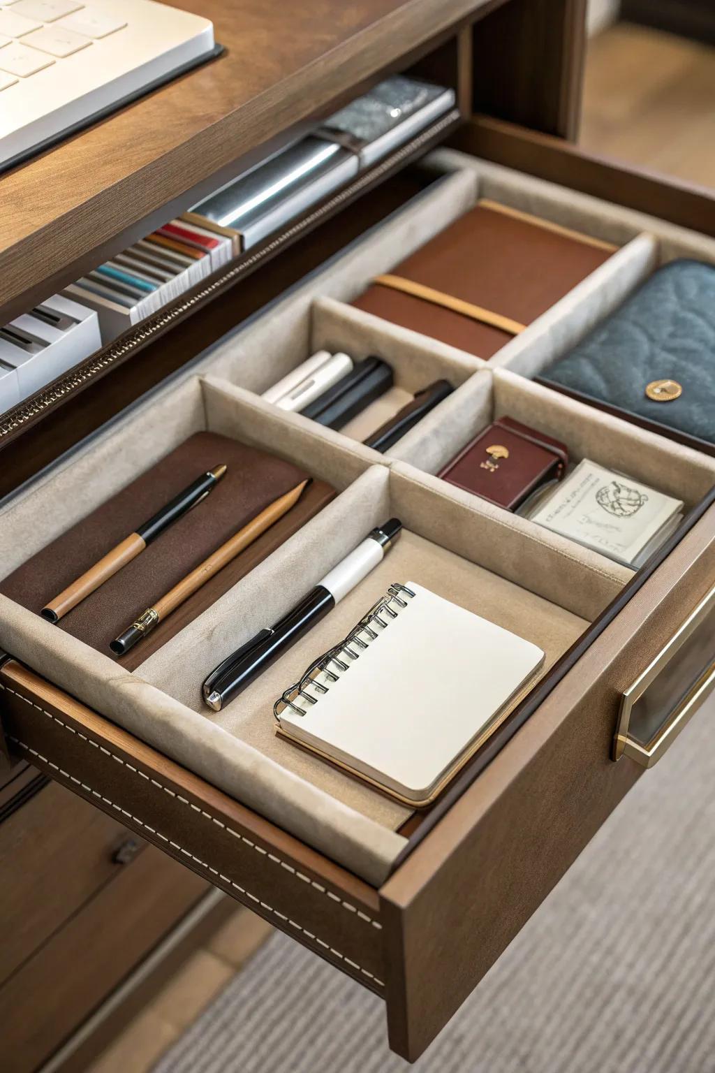 Leather inserts magnificently enhance drawer interiors.