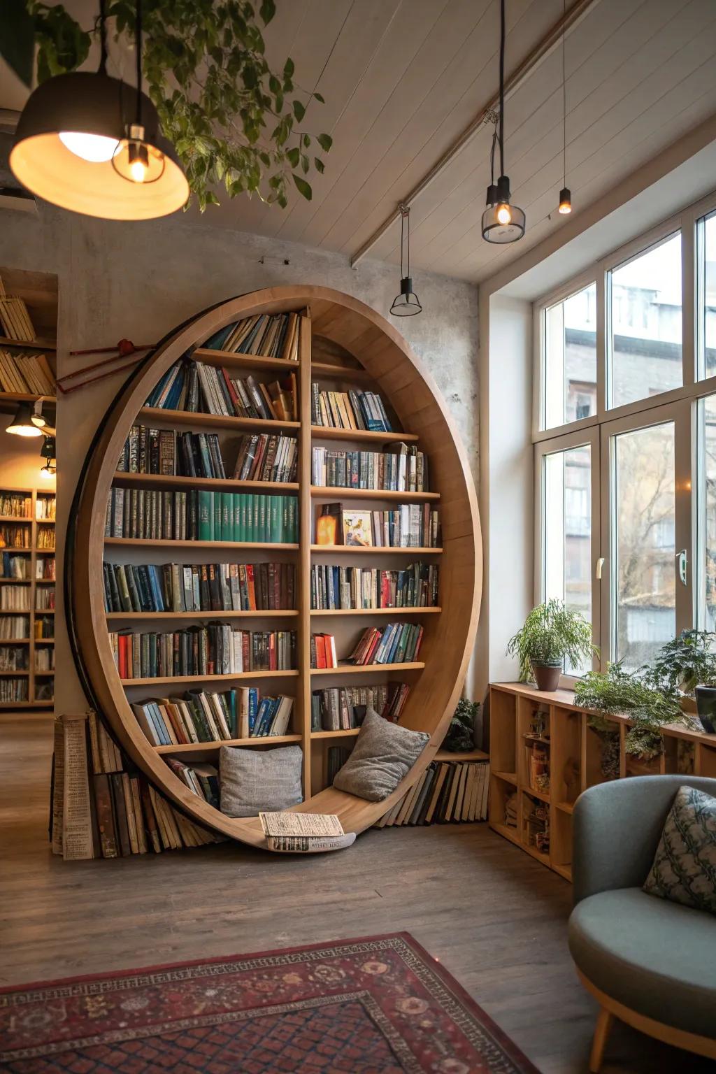 A unique circular bookcase adds an imaginative twist to the library's design.