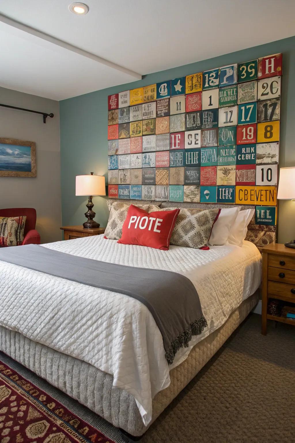 An auto tag headboard creates a bold bedroom statement.