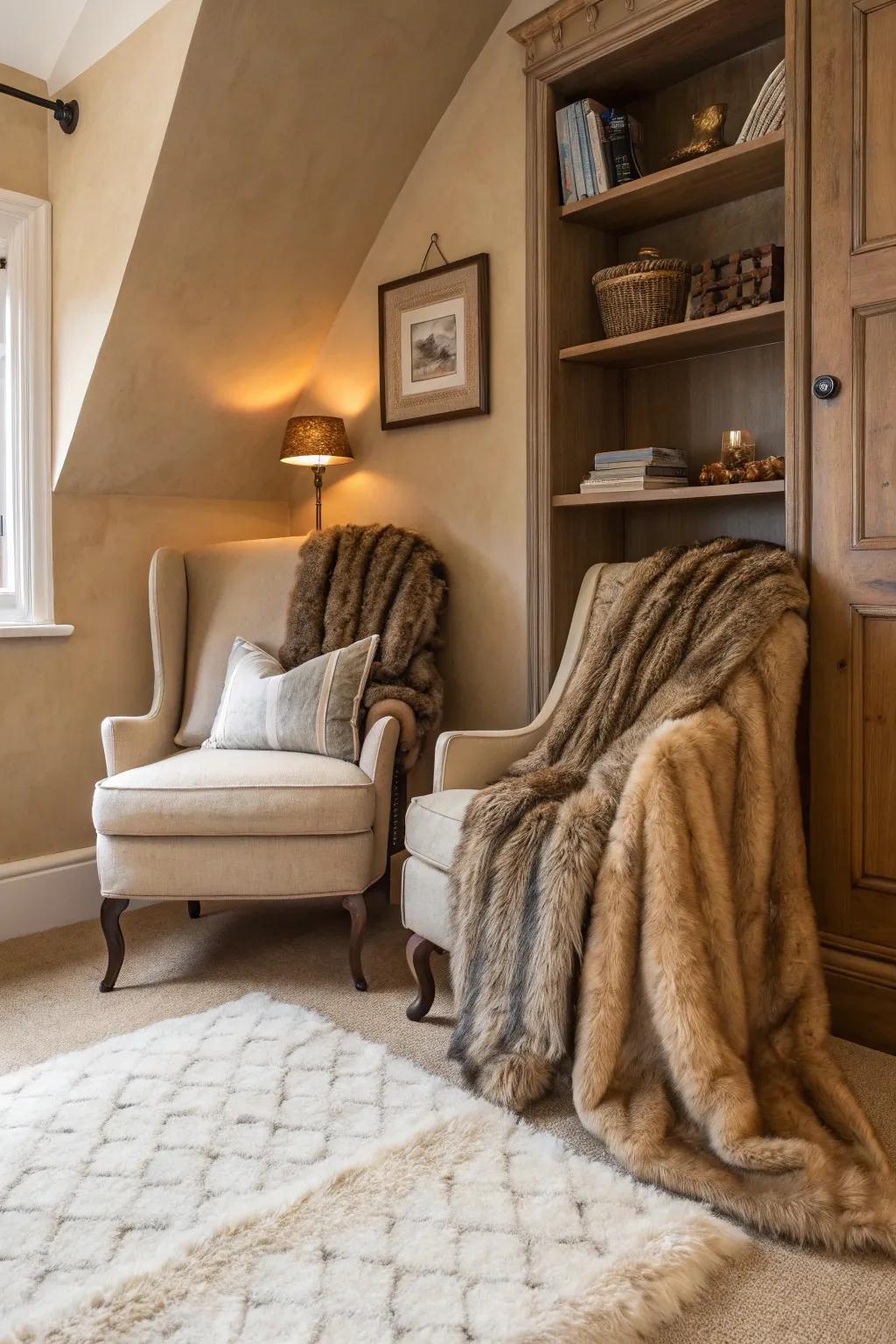 Cozy materials transform this gentle tan area into a restful haven.