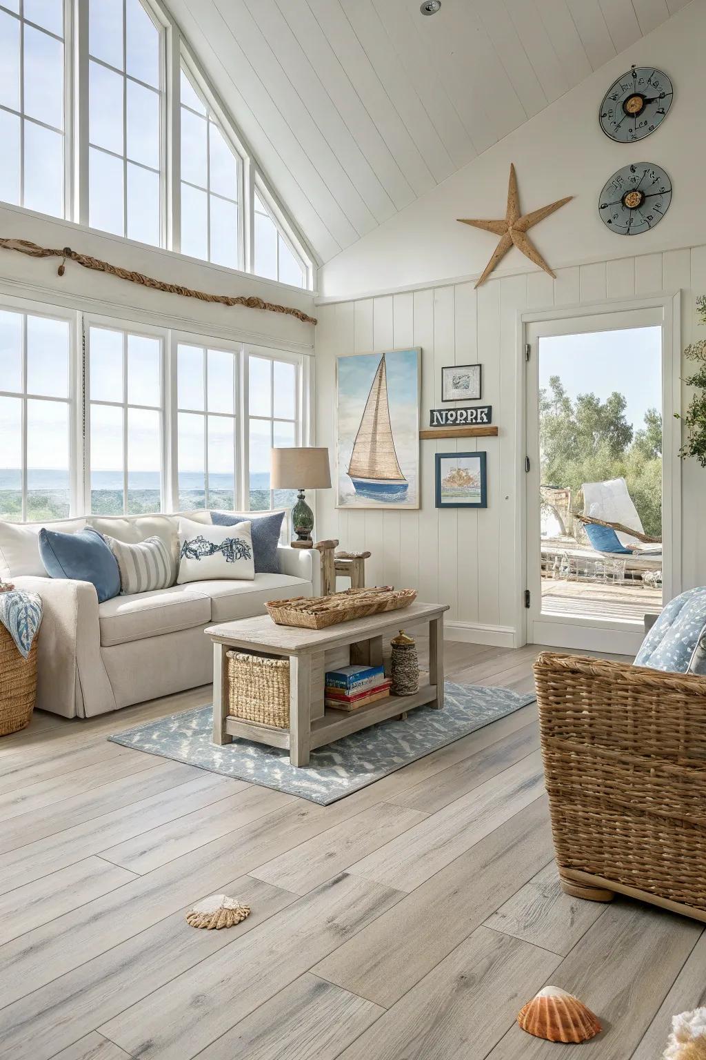 Coastal tone laminate flooring elevates the beach style of this living room.