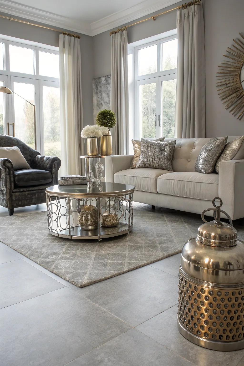 An elegant living area featuring light grey flooring and metallic accents.