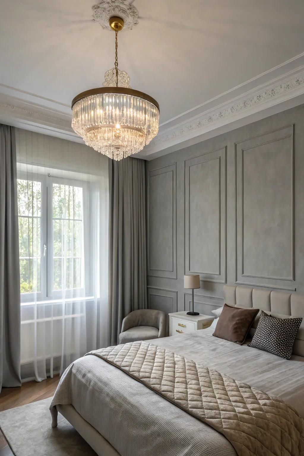 A modern chandelier enhances light grey walls with sophistication.