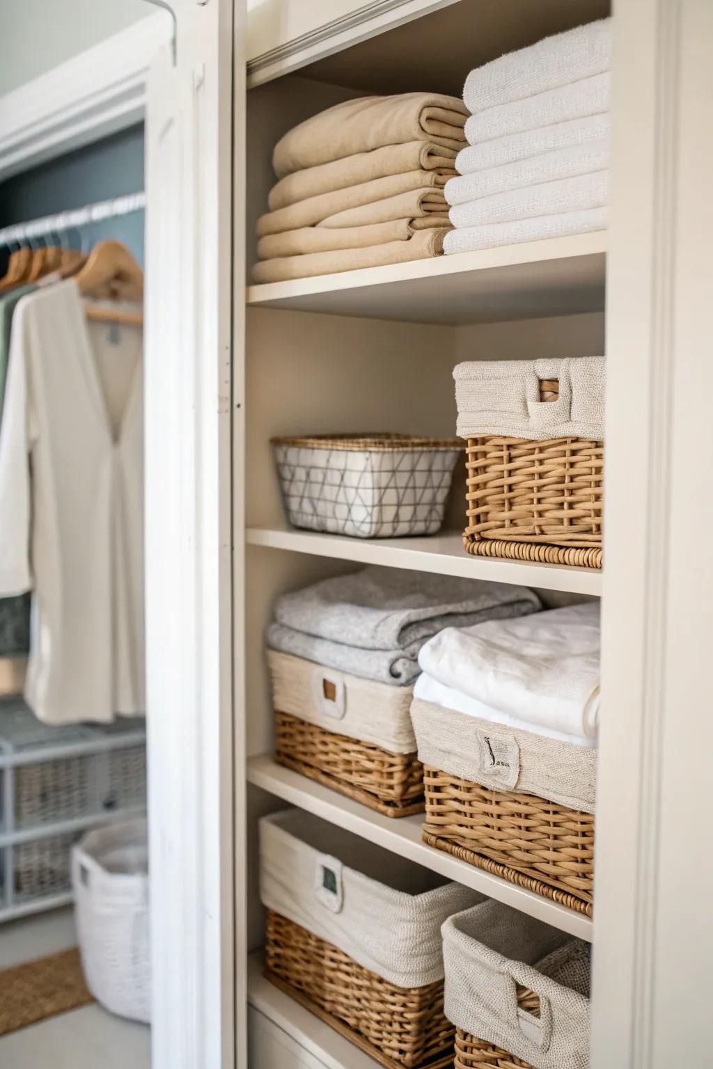Visible shelving with wicker baskets keeping linens structured and readily obtainable.