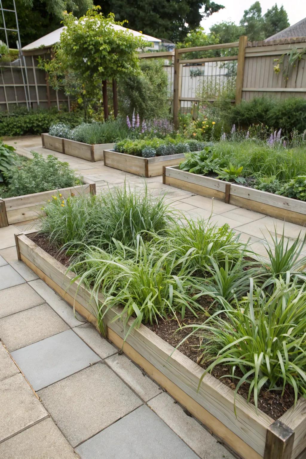 Raised garden beds with Whispering Grass, emphasizing vertical charm.