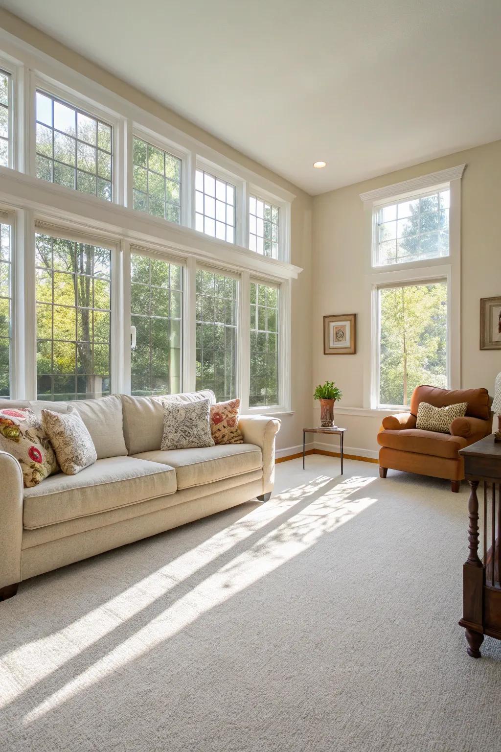 Natural light and light carpets create an airy and open atmosphere.