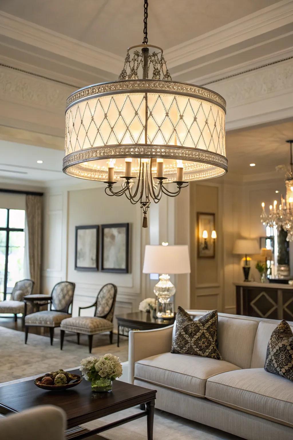 An elegant living room showcasing a round chandelier with crisp lines.