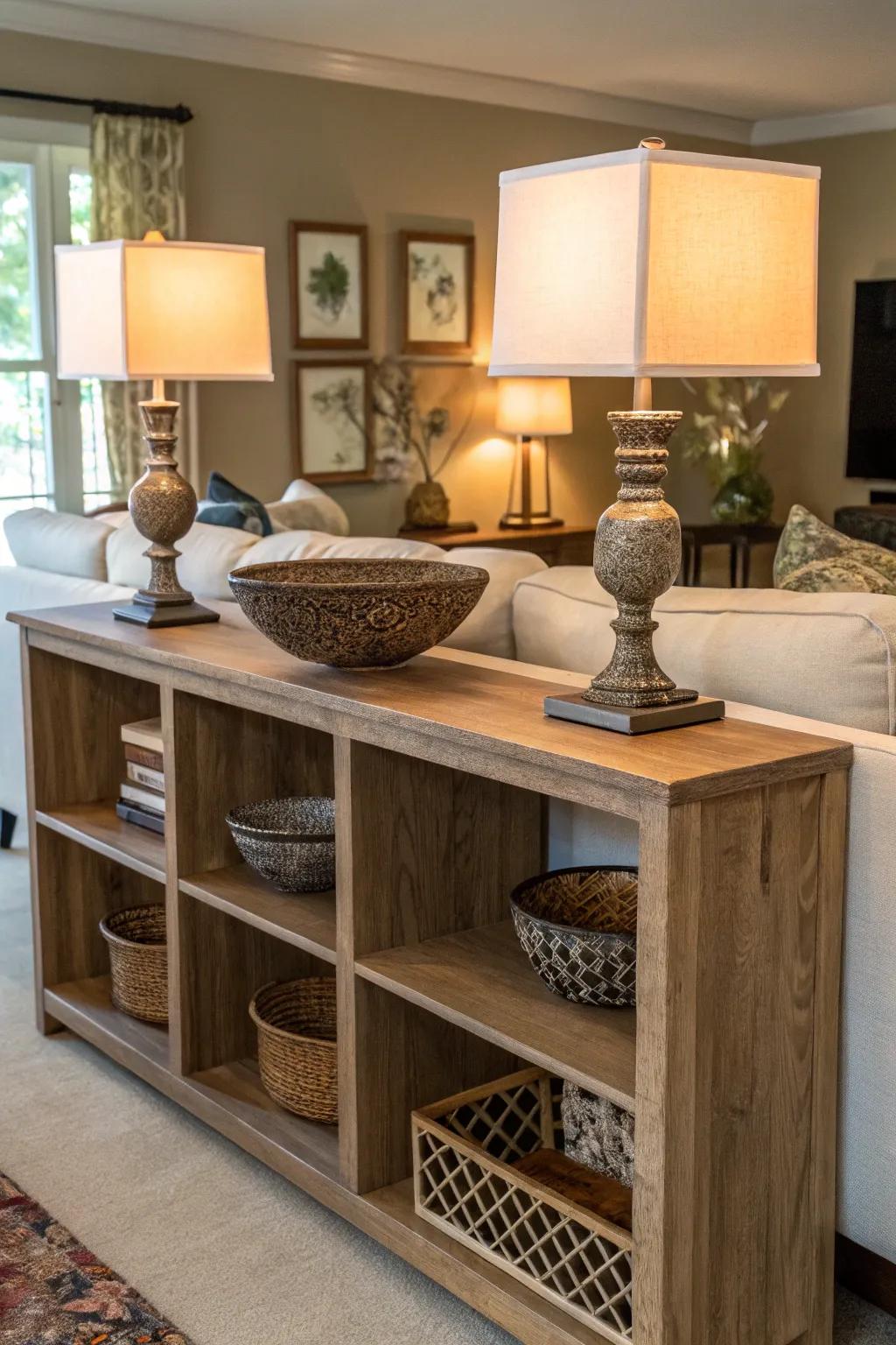 A functional console table using cube storage, marrying utility with style.