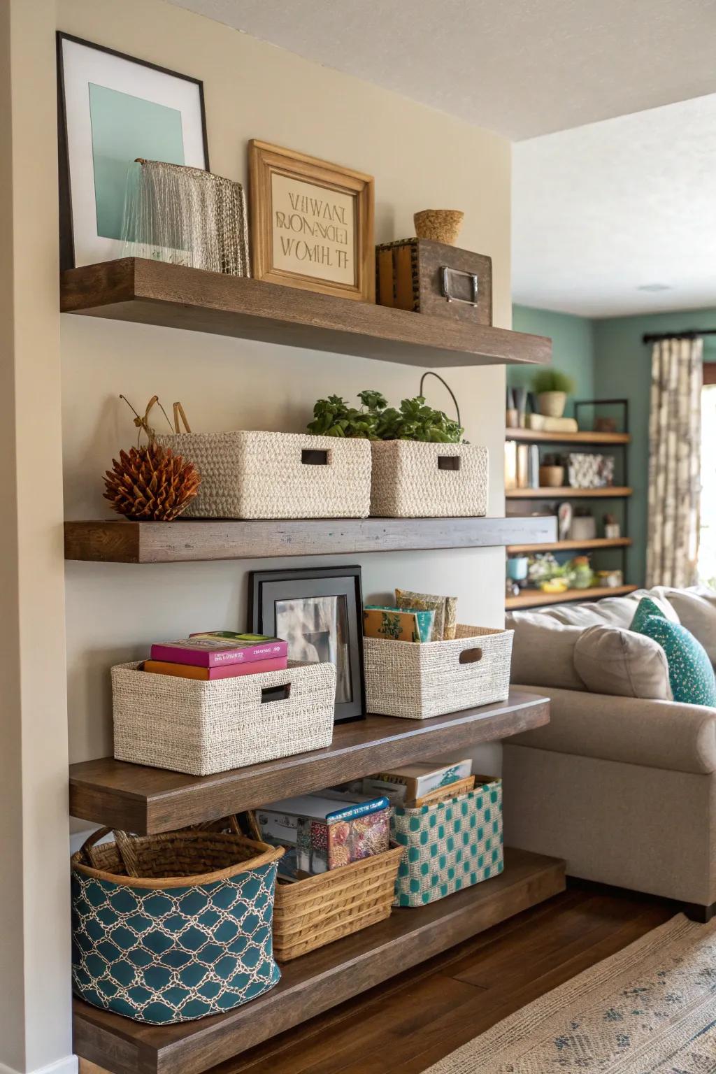 Merge stowing and panache with functional baskets on ledges.