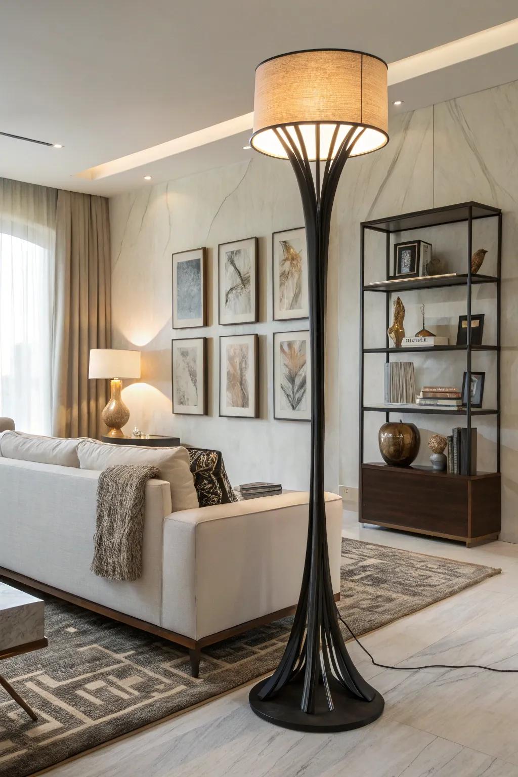 A modern living room with a sculpted floor lamp as an artistic centerpiece.