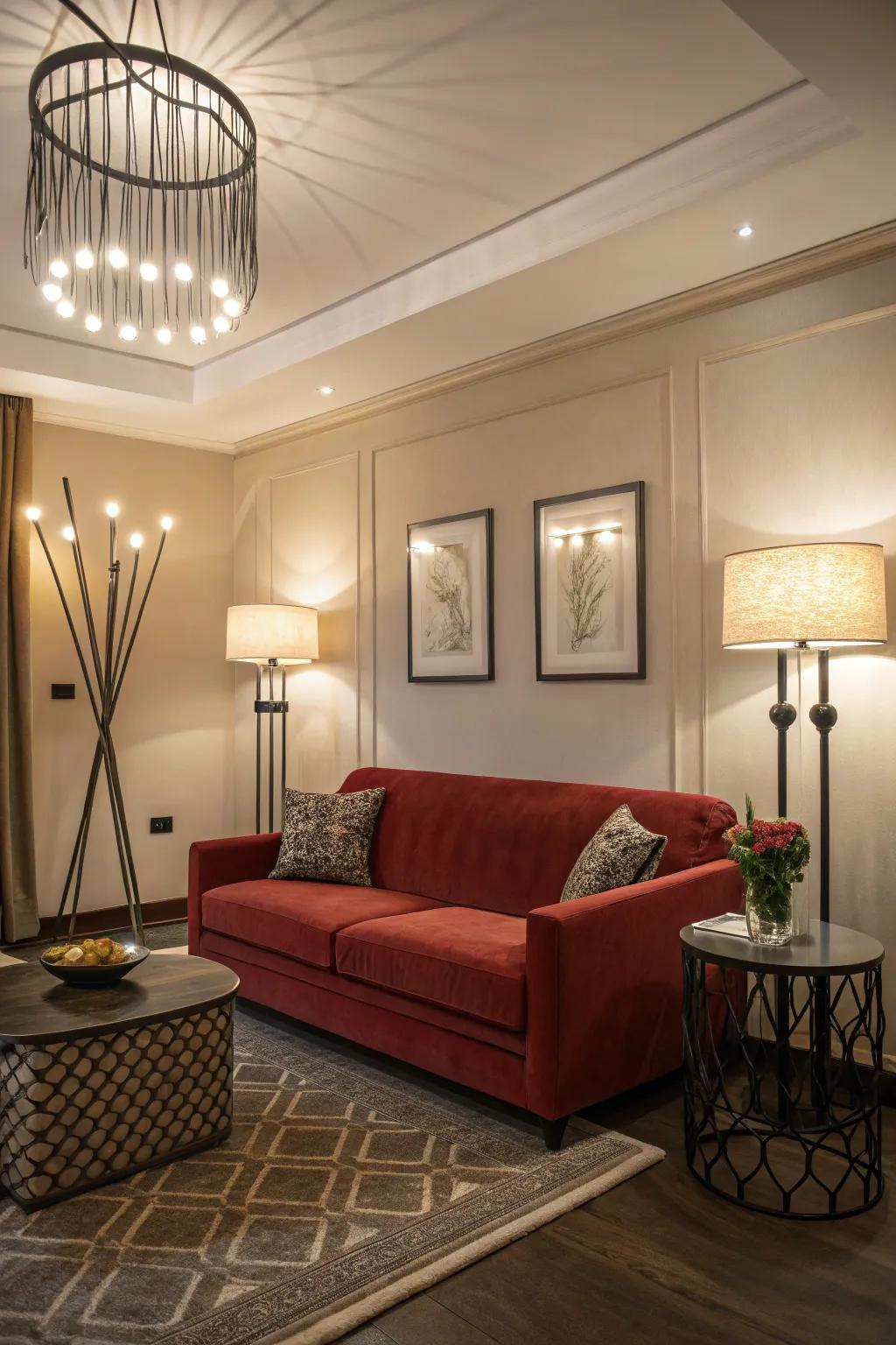 The vibrant color and sophistication of a scarlet sofa are accentuated by well-placed lighting.