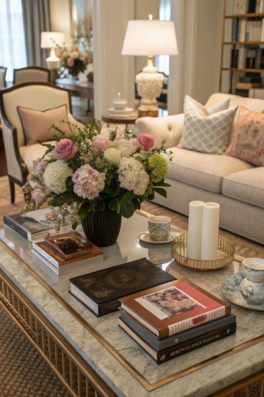 An elegant center table adds utility and charm to the family room.