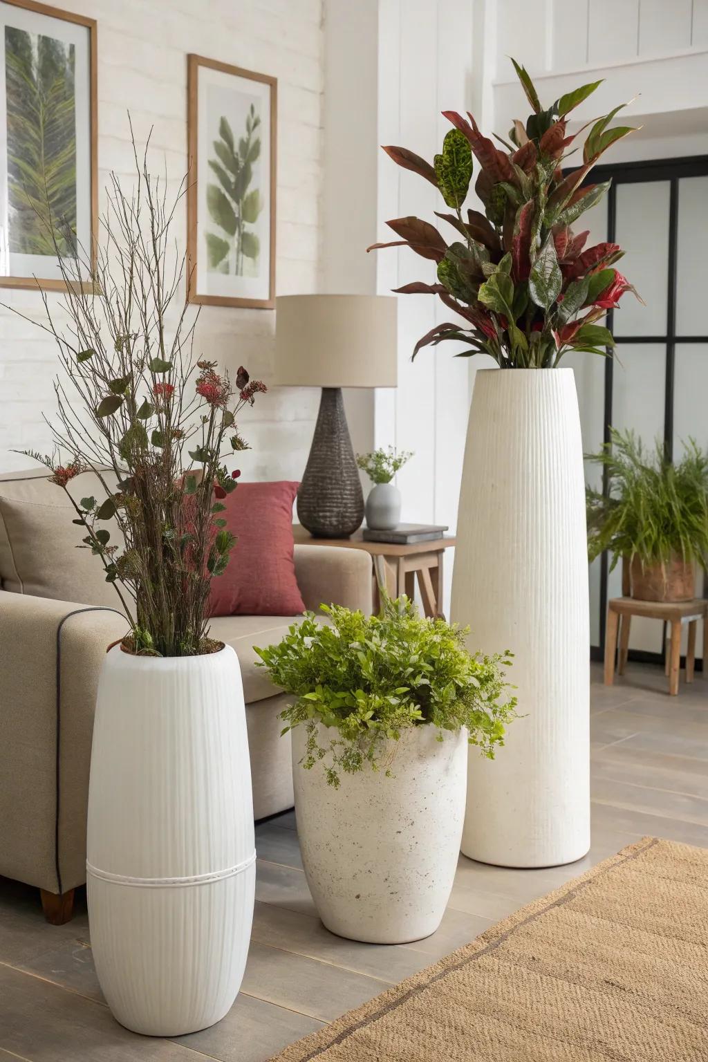 A gathering of vases in assorted heights contributes engaging visual appeal to a modern living area.