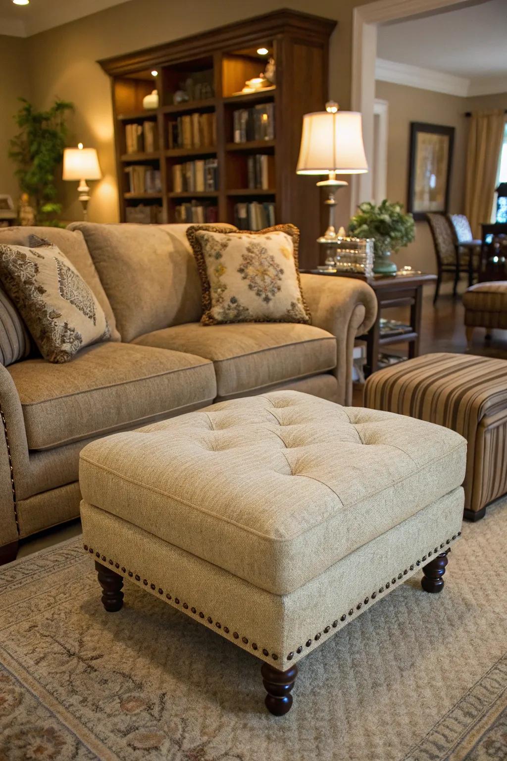A lounge featuring a multipurpose ottoman for adaptable seating.