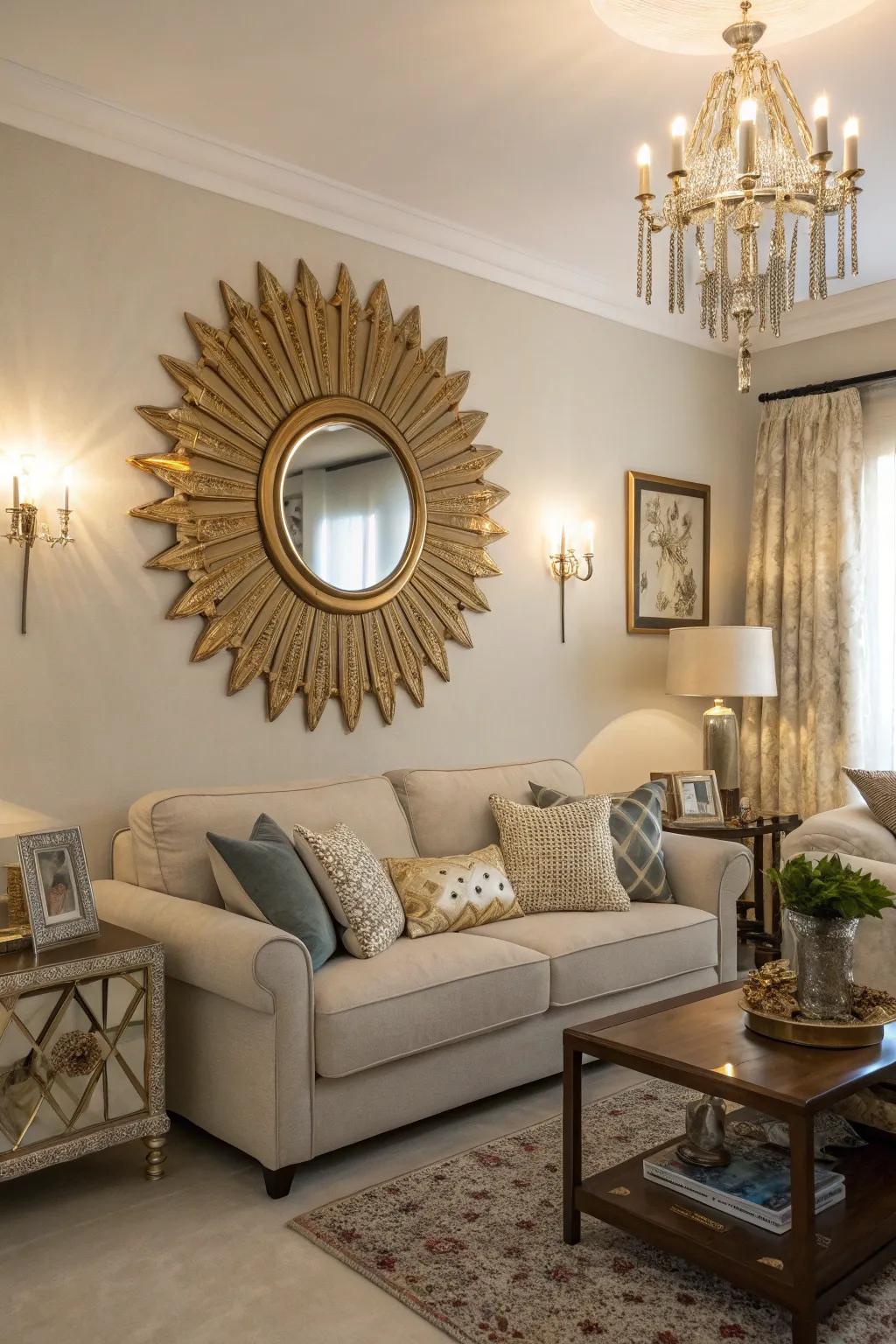 Bring sunny vibes to your living room with a sunburst mirror.