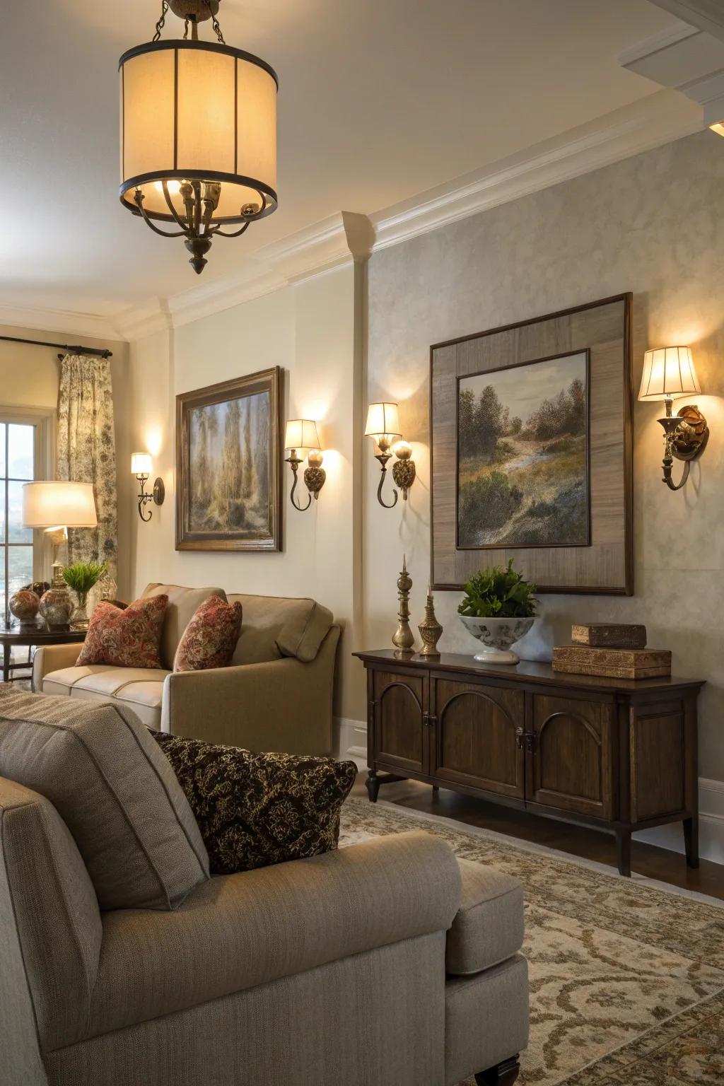Positionable sconces offer versatile lighting solutions.