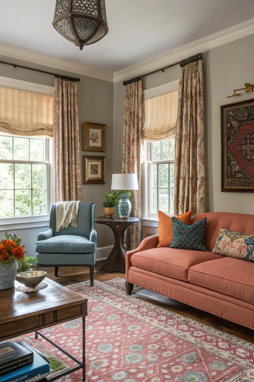 An assorted mix of window decor adding personality to the lounge.